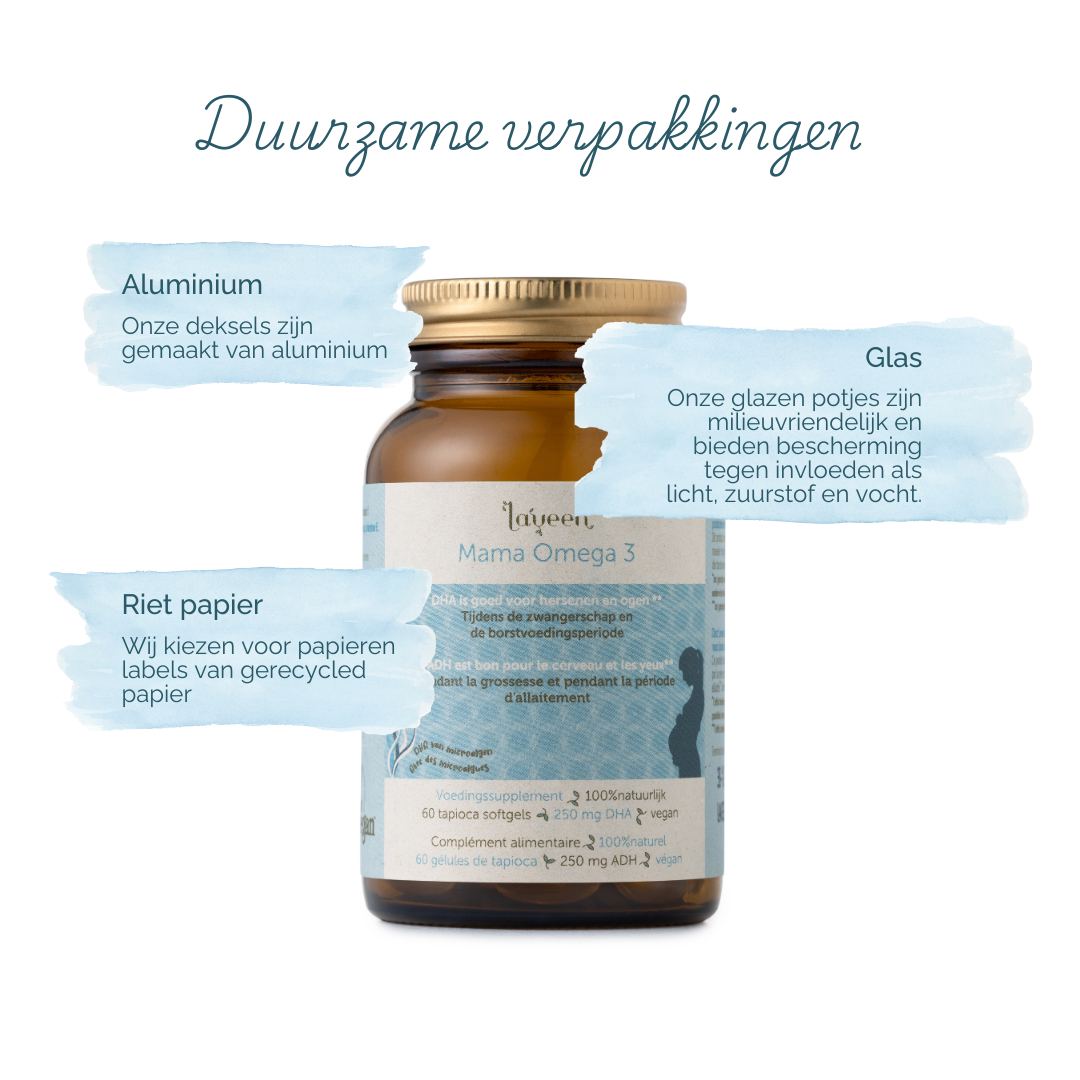 Onze verpakkingen zijn duurzaam; de capsules zitten in een glazen pot met een gerecycled rietpapieren etiket, onze deksels zijn van aluminium.