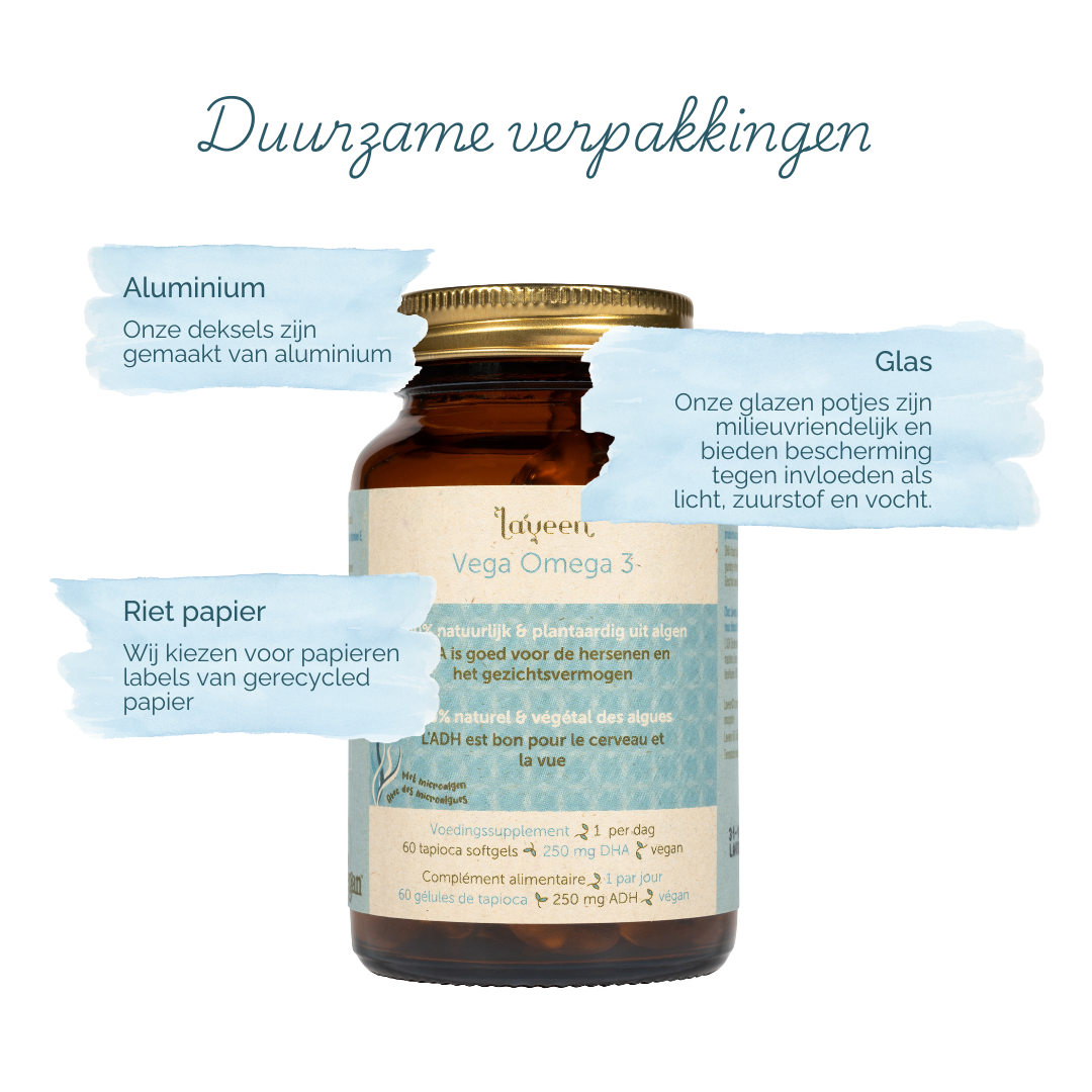 Onze verpakkingen zijn duurzaam; de capsules zitten in een glazen pot met een gerecycled rietpapieren etiket, onze deksels zijn van aluminium.