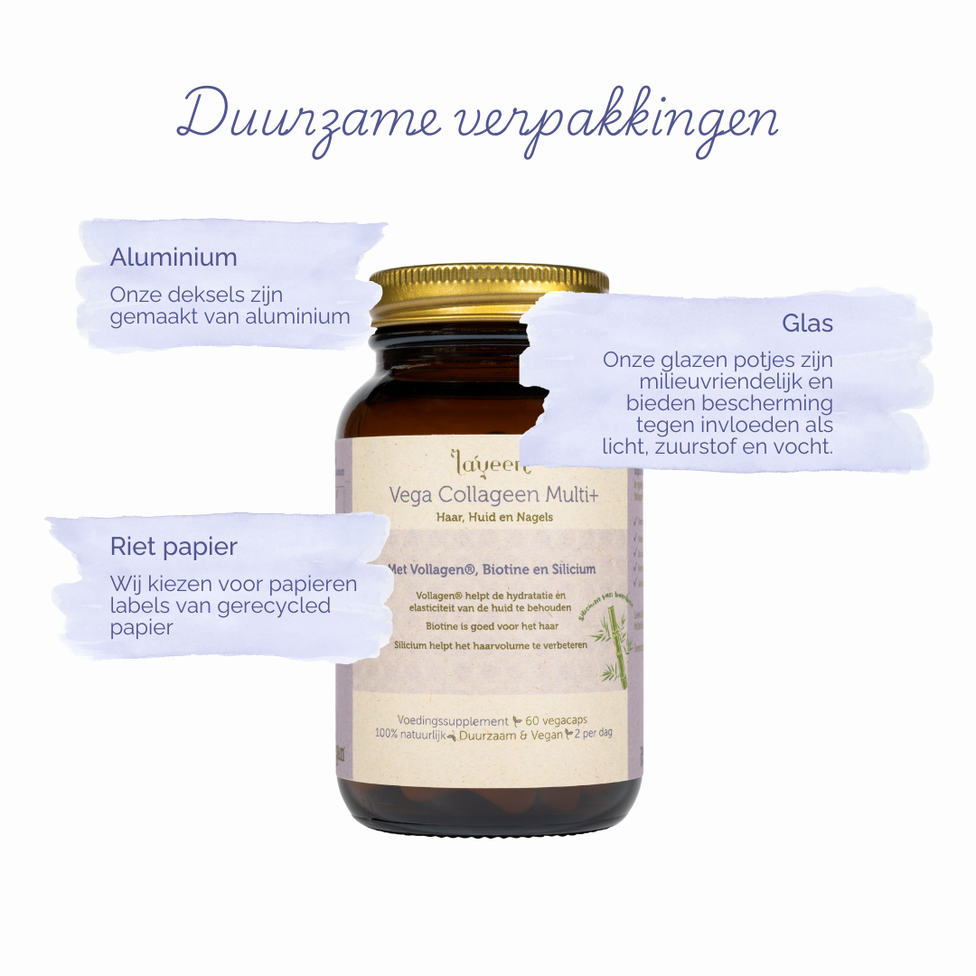 Onze verpakkingen zijn duurzaam; de capsules zitten in een glazen pot met een gerecycled rietpapieren etiket, onze deksels zijn van aluminium.