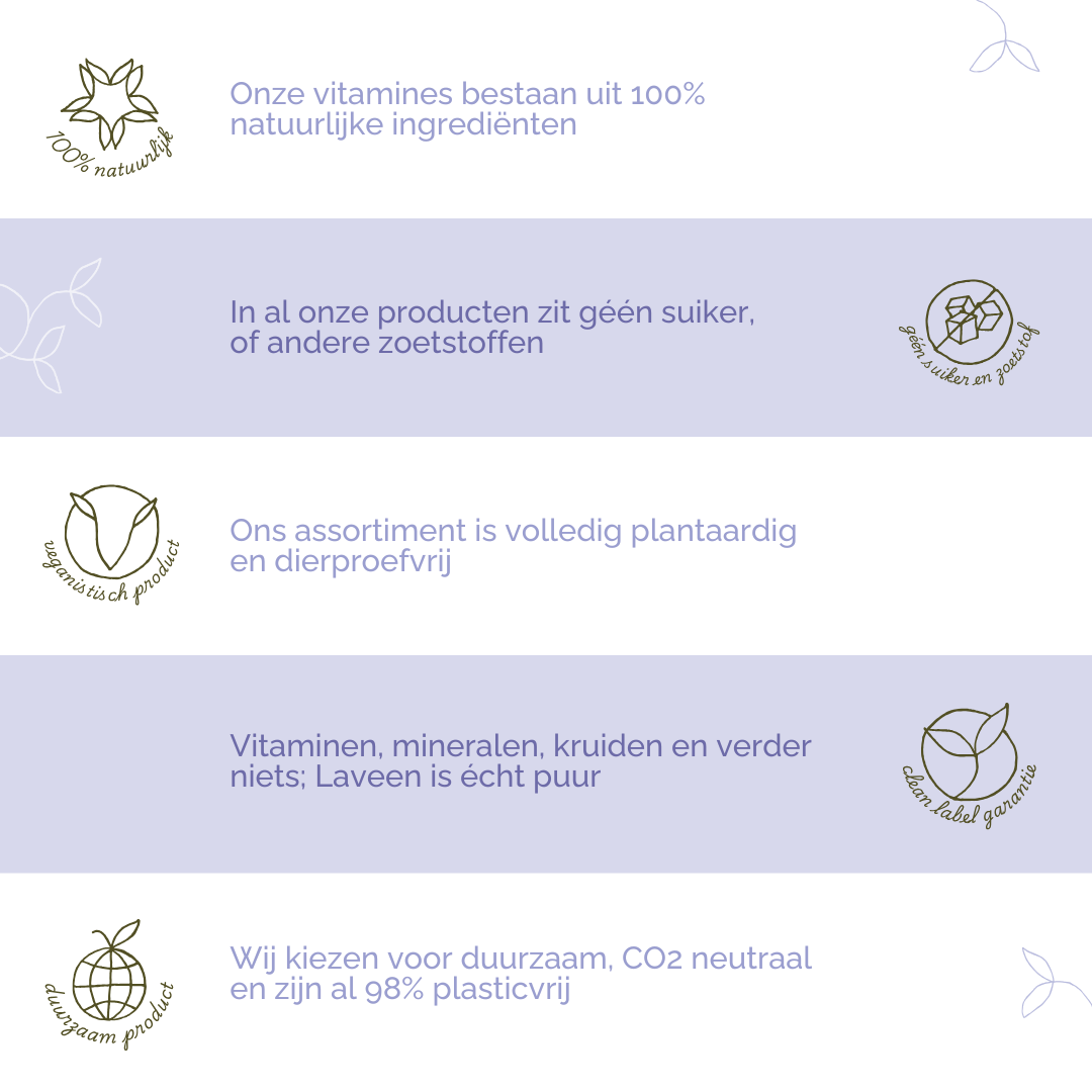 Laveen's USP's: 100% natuurlijk, geen suiker of zoetstoffen, alles is plantaardig en dierproefvrij, clean label dus geen toevoegingen, en duurzaam.