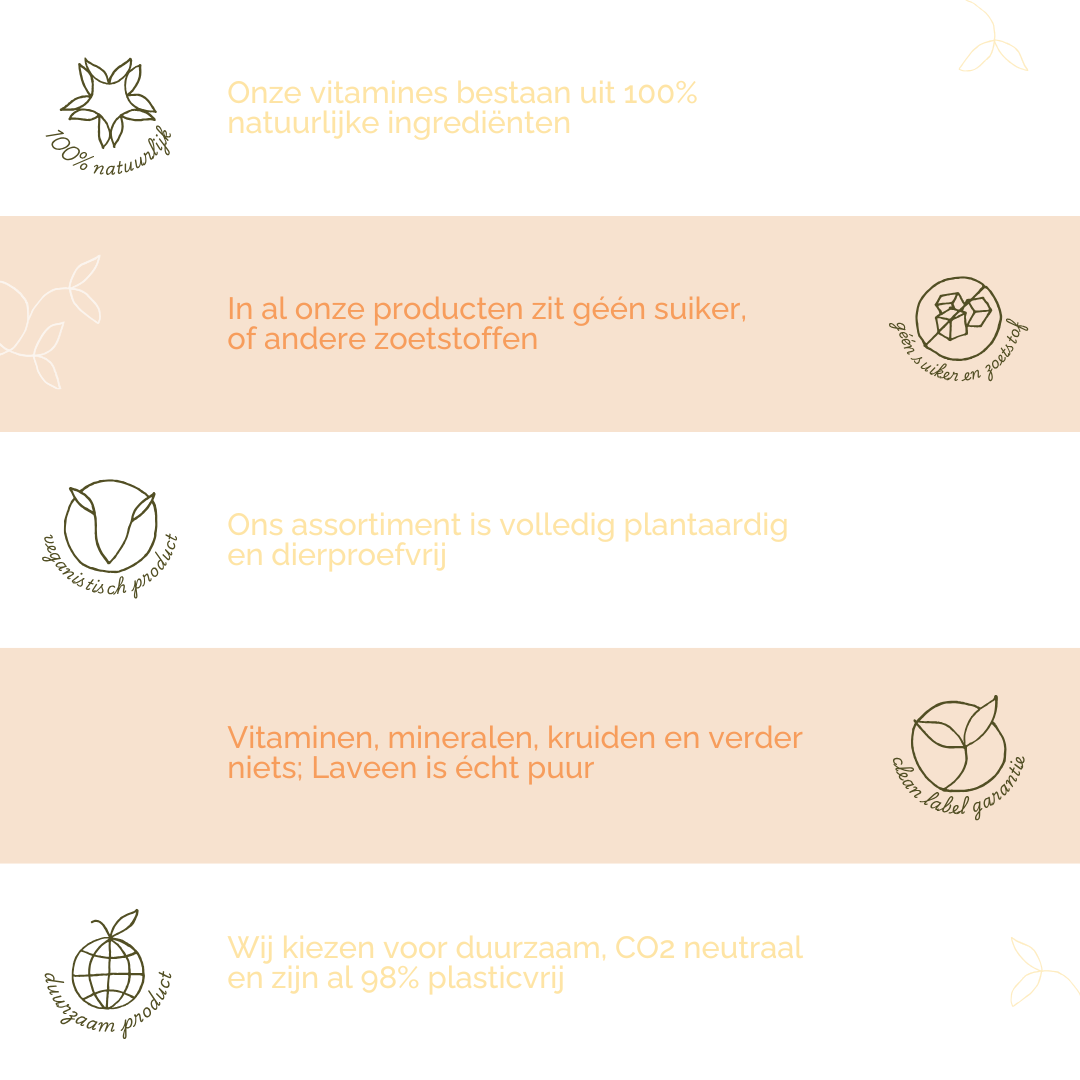 Laveen's USP's: 100% natuurlijk, geen suiker of zoetstoffen, alles is plantaardig en dierproefvrij, clean label dus geen toevoegingen, en duurzaam.