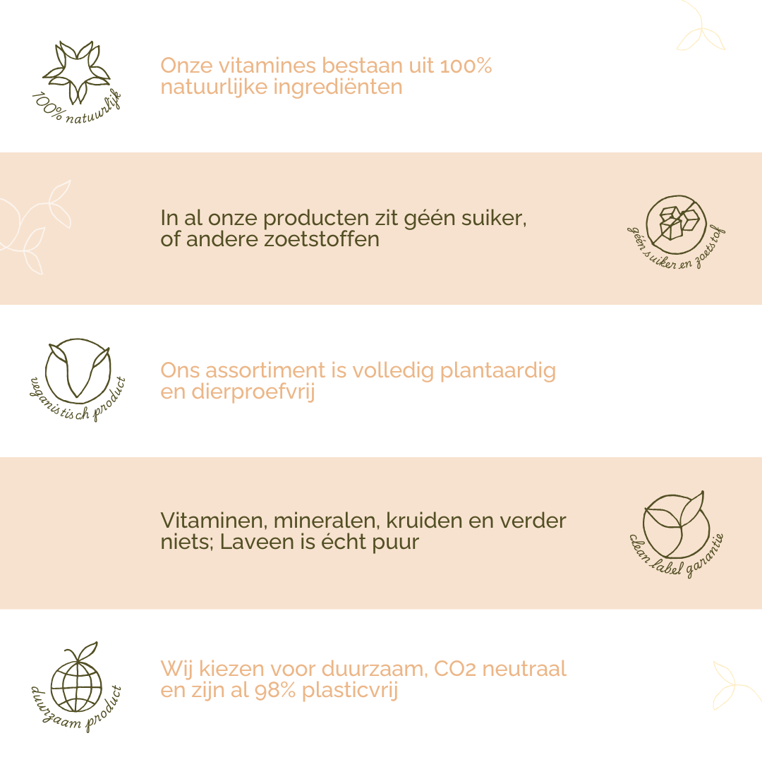 Laveen's USP's: 100% natuurlijk, geen suiker of zoetstoffen, alles is plantaardig en dierproefvrij, clean label dus geen toevoegingen, en duurzaam.