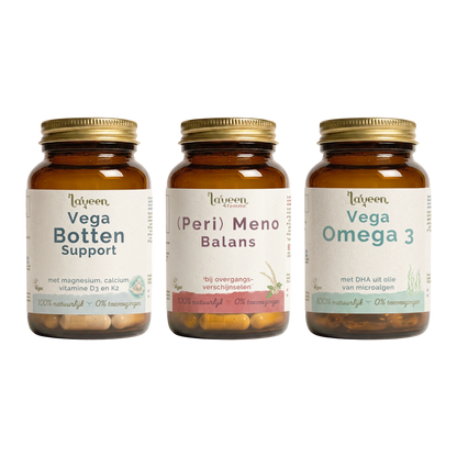 Laveen Overgang Support Voordeelbundel. Met Vega Botten Support, (Peri) Meno Balans en Vega Omega 3. Kruiden en vitamine capsules voor vrouwen tijdens de overgang.
