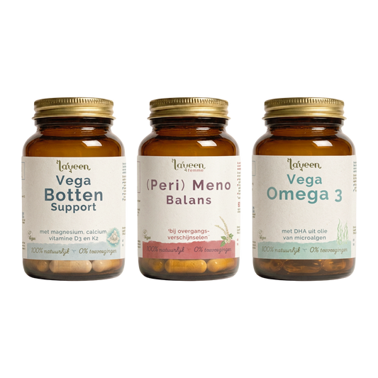 Laveen Overgang Support Voordeelbundel. Met Vega Botten Support, (Peri) Meno Balans en Vega Omega 3. Kruiden en vitamine capsules voor vrouwen tijdens de overgang.