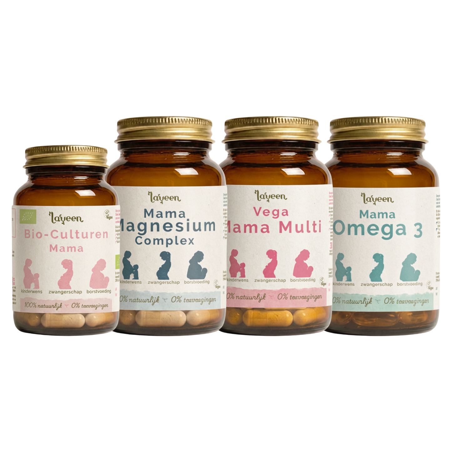 Laveen Mama Laatste Trimester Voordeelbundel met: Bio-Culturen Mama, Mama Magnesium Complex, Vega Mama Multi en Mama Omega 3. Capsules en softgels in glazen potten. De Bio-Culturen Mama pot is een slag kleiner dan de andere 3 potten.