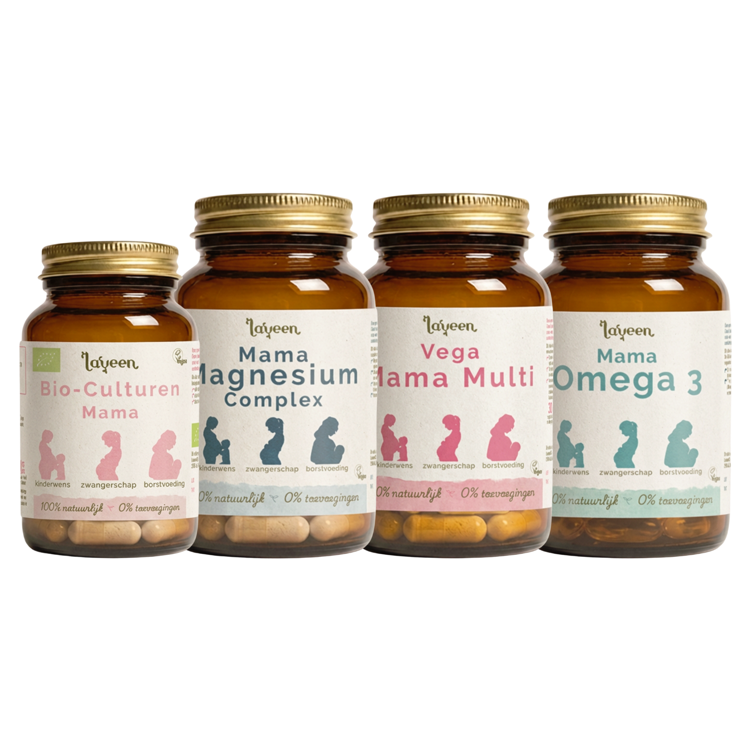 Laveen Mama Laatste Trimester Voordeelbundel met: Bio-Culturen Mama, Mama Magnesium Complex, Vega Mama Multi en Mama Omega 3. Capsules en softgels in glazen potten. De Bio-Culturen Mama pot is een slag kleiner dan de andere 3 potten.