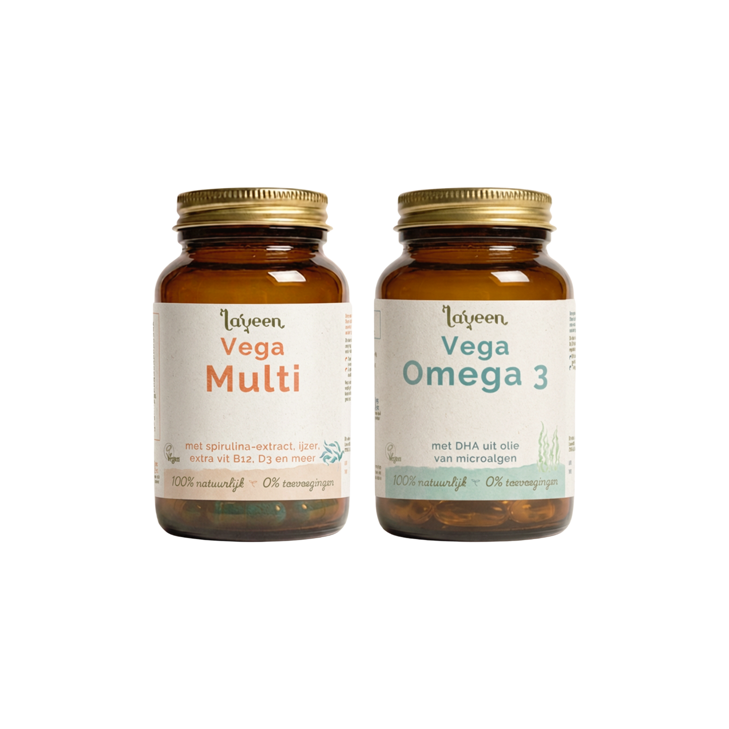Voordeelbundel Vega Volwassenen van Laveen met de Vega Multi met extra B12 en de Vega Omega 3 van algenolie. Vitamine supplementen voor vegetariërs en veganisten in glazen potten.