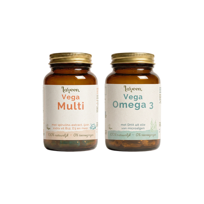 Voordeelbundel Vega Volwassenen van Laveen met de Vega Multi met extra B12 en de Vega Omega 3 van algenolie. Vitamine supplementen voor vegetariërs en veganisten in glazen potten.