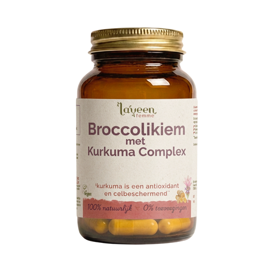Laveen Broccolikiem met Kurkuma Complex capsules in glazen pot, supplement met broccolikiemextract, kurkuma en zwarte peper.