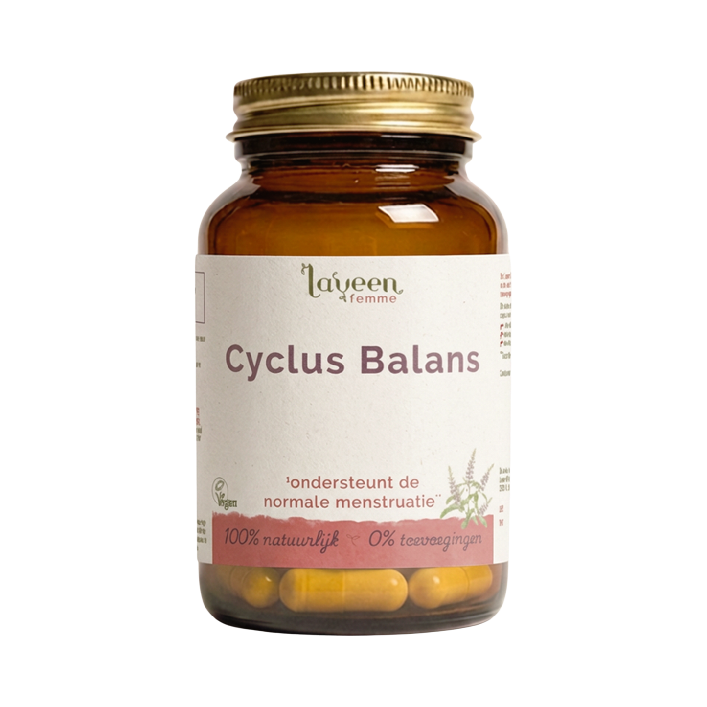 Laveen Cyclus Balans capsules in glazen pot, supplement met myo-inositol en monnikspeper ter ondersteuning van de normale menstruatie.