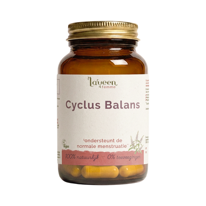 Laveen Cyclus Balans capsules in glazen pot, supplement met myo-inositol en monnikspeper ter ondersteuning van de normale menstruatie.