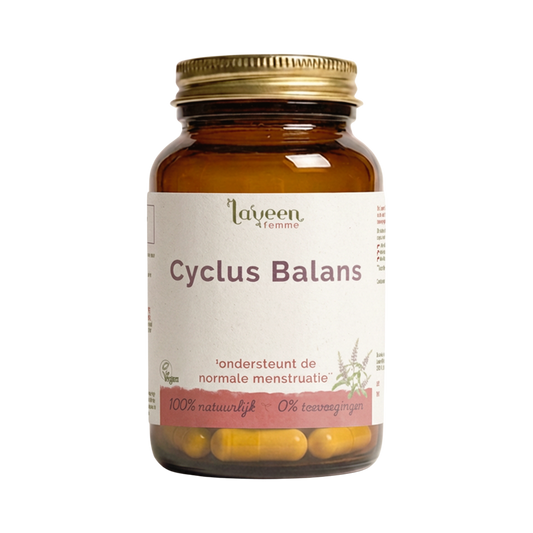 Laveen Cyclus Balans capsules in glazen pot, supplement met myo-inositol en monnikspeper ter ondersteuning van de normale menstruatie.