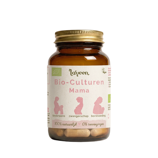 Glazen pot van de zwangerschaps probiotica van Laveen: de Bio-Culturen Mama voor vrouwen met een kinderwens, tijdens de zwangerschap en borstvoeding. 100 natuurlijk, 0% toevoegingen, bio gecertificeerd en vegan gecertificeerd.