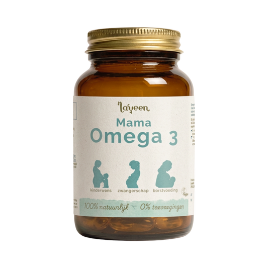 Laveen Mama Omega 3 softgels in glazen pot, DHA uit microalgen voor vrouwen met kinderwens, tijdens zwangerschap en borstvoeding.