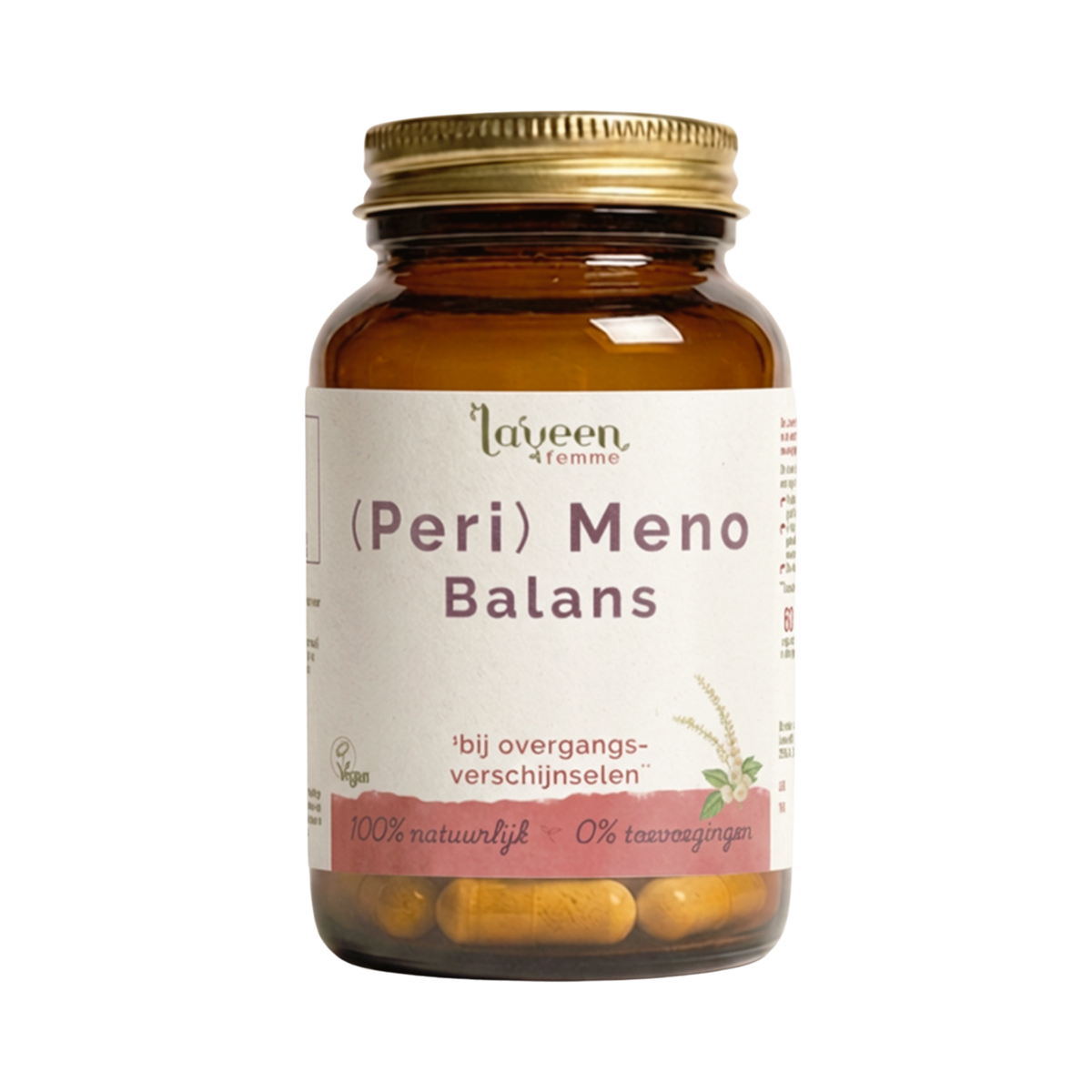 Laveen (Peri) Meno Balans capsules in glazen pot, kruidensupplement voor ondersteuning bij overgangsverschijnselen