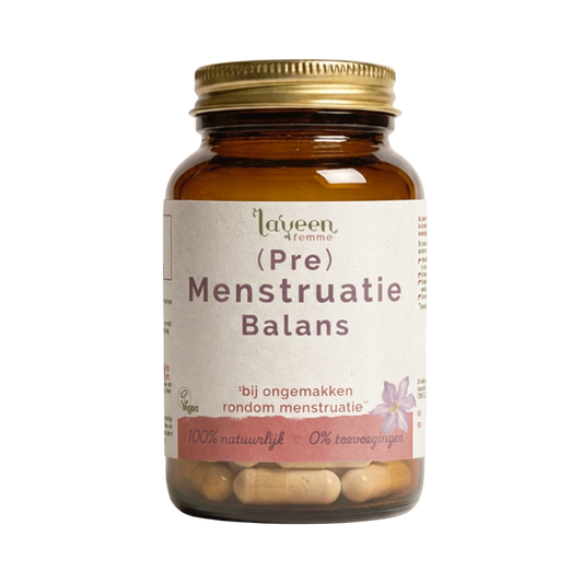 Laveen (Pre) Menstruatie Balans capsules in glazen pot, kruidensupplement met monnikspeper voor ondersteuning rond de menstruatie.