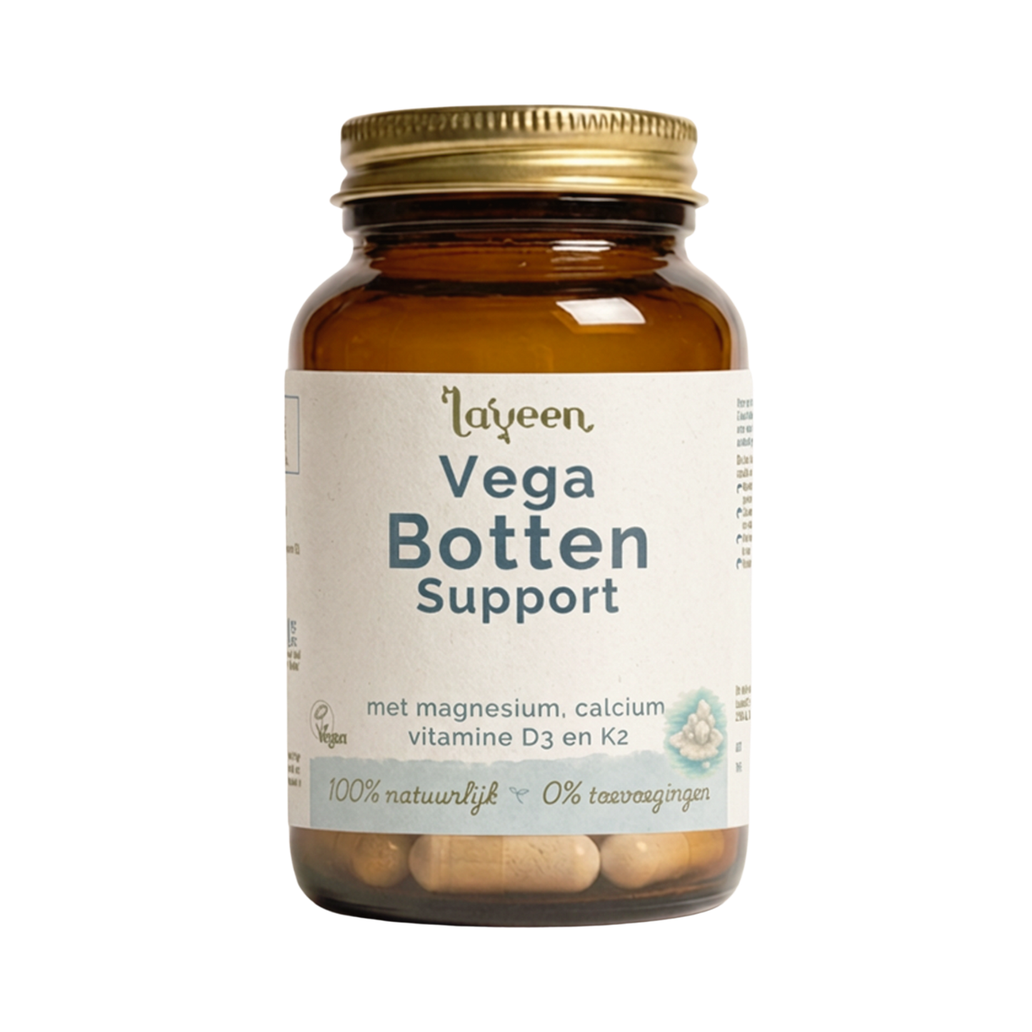 Vega Botten Support van Laveen. Een glazen pot met capsules. 