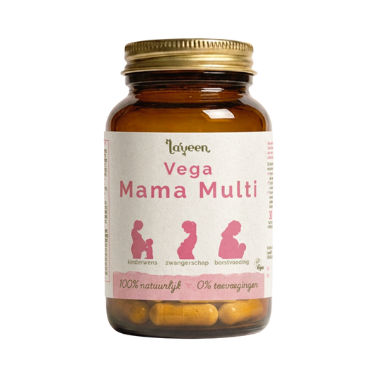 Laveen Vega Mama Multi capsules in glazen pot, multivitamine voor vrouwen met kinderwens, tijdens zwangerschap en borstvoeding.