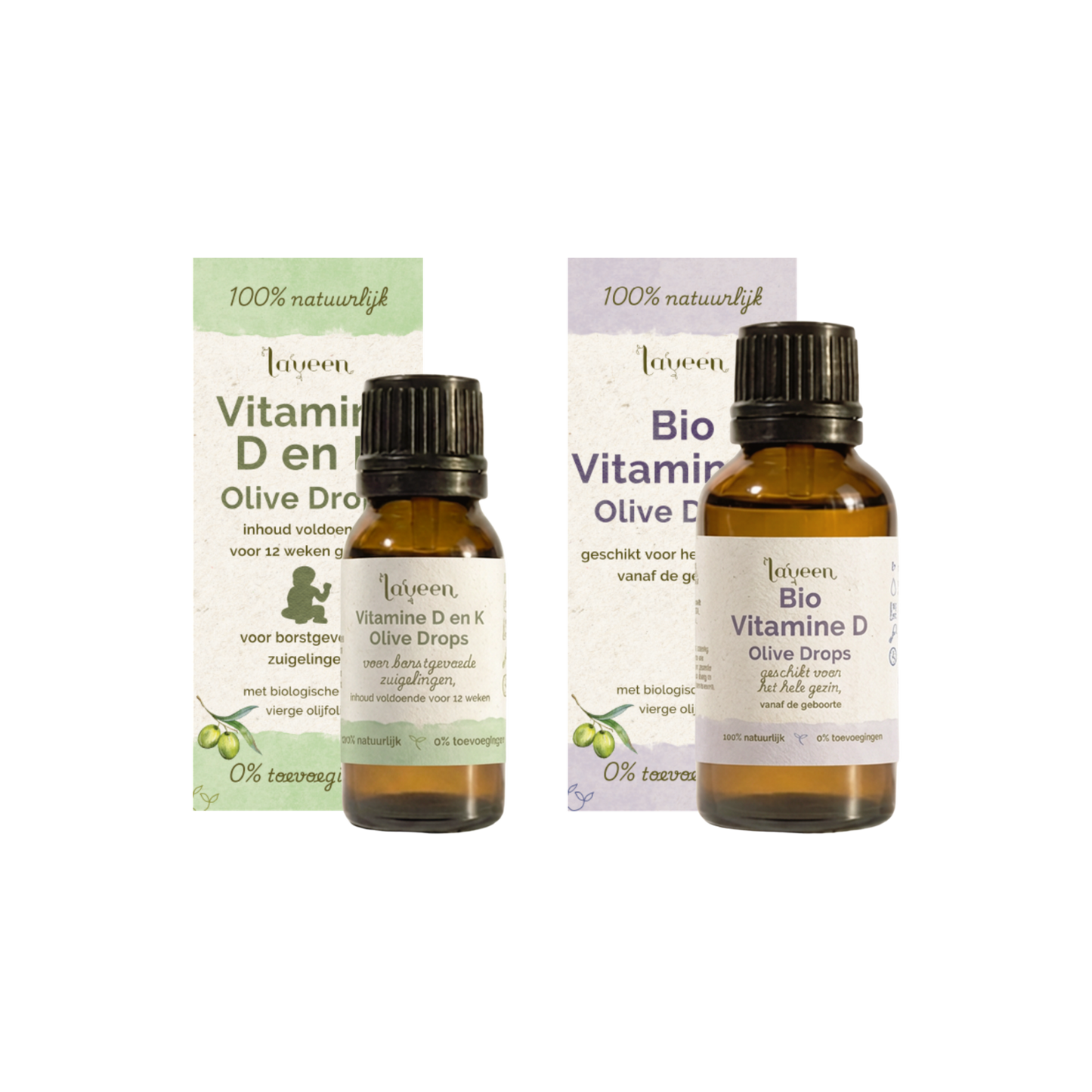 Voordeelbundel baby borstvoeding van Laveen met Vitamine D en K olive drops in een 10ml glazen druppelflesje en Bio vitamine D in een 30ml glazen druppelflesje.