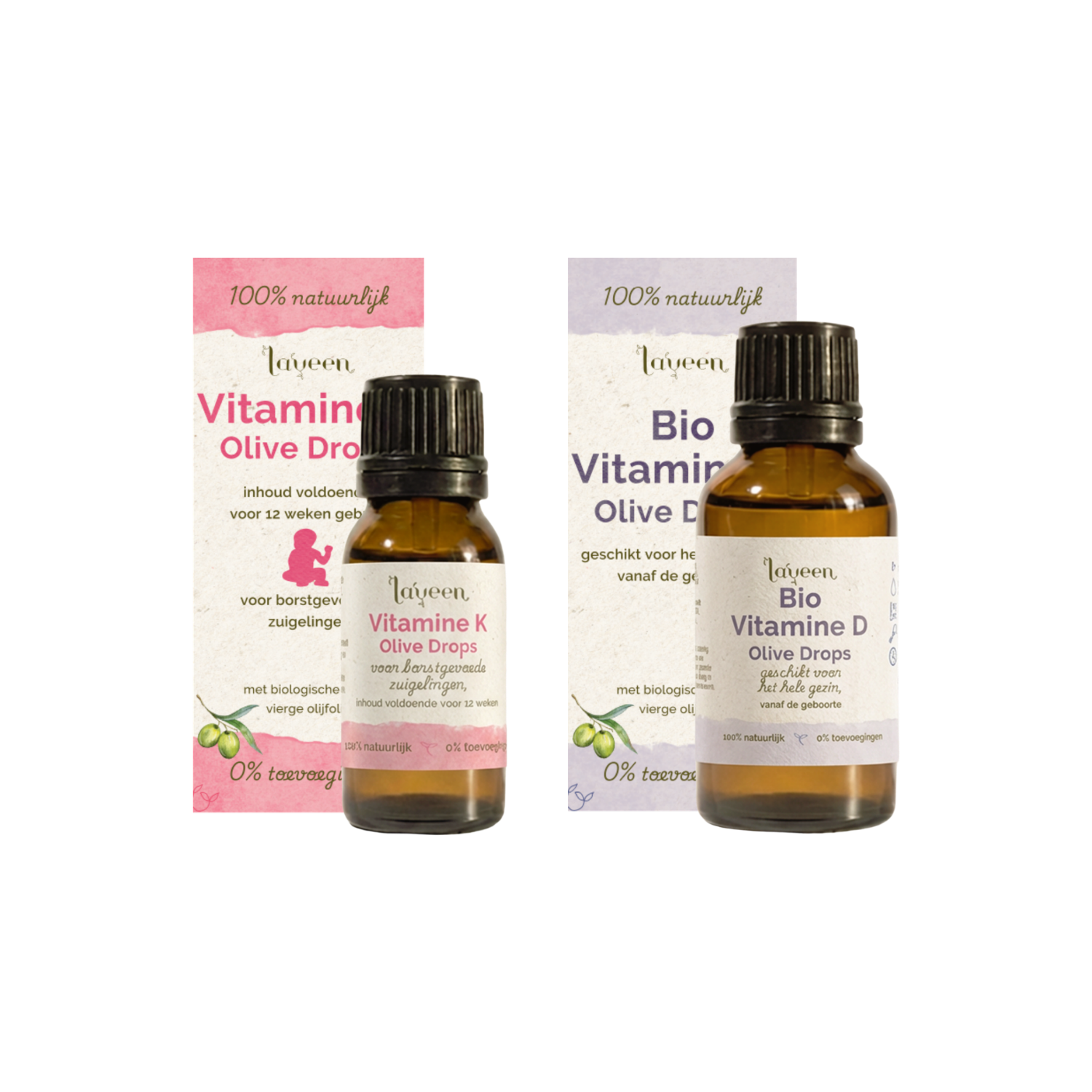 Laveen baby eerste zes maanden voordeelbundel met Vitamine K olive drops en Bio vitamine D drops. In glazen druppelflesjes, het vitamine K flesje met 10ml is een slag kleiner dan de vitamine D3 van 30ml.
