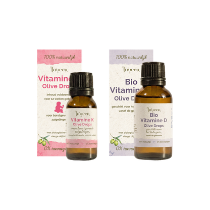 Laveen baby eerste zes maanden voordeelbundel met Vitamine K olive drops en Bio vitamine D drops. In glazen druppelflesjes, het vitamine K flesje met 10ml is een slag kleiner dan de vitamine D3 van 30ml.