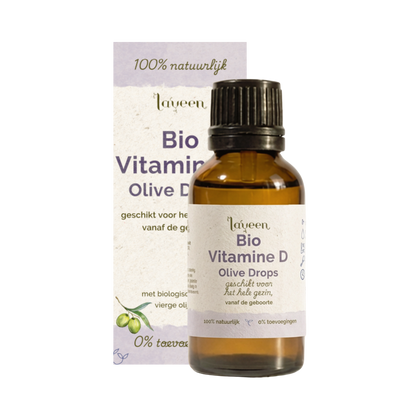 Flesje en verpakking van Laveen Bio Vitamine D druppels. Geschikt voor het hele gezin vanaf de geboorte, op basis van biologische extra vierge olijfolie en zonder toevoegingen.