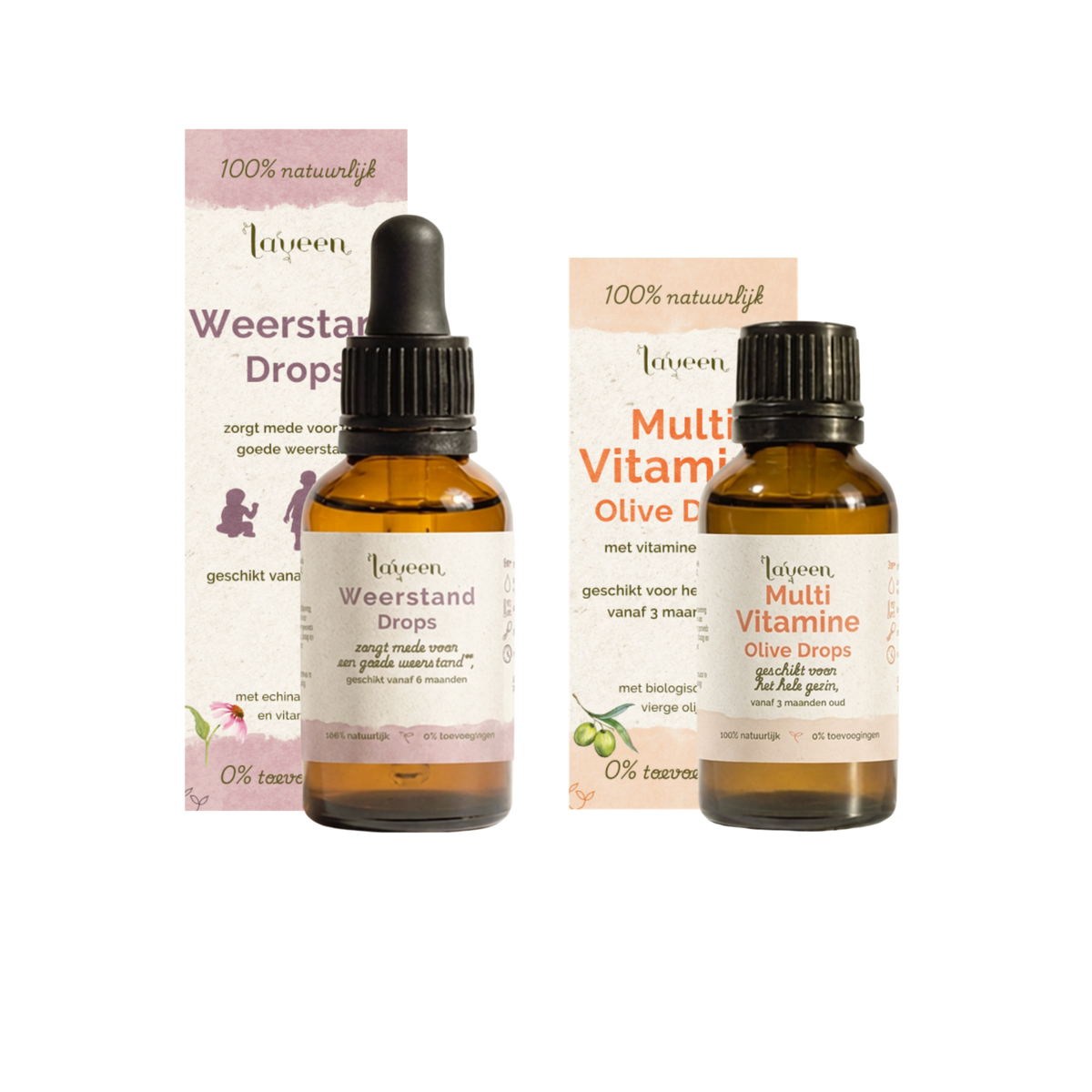 Laveen voordeelbundel Kind Compleet met Weerstand drops in een pipetflesje en Multi Vitamine Olive Drops in een glazen druppelflesje.