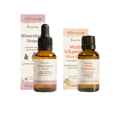 Laveen voordeelbundel Kind Compleet met Weerstand drops in een pipetflesje en Multi Vitamine Olive Drops in een glazen druppelflesje.
