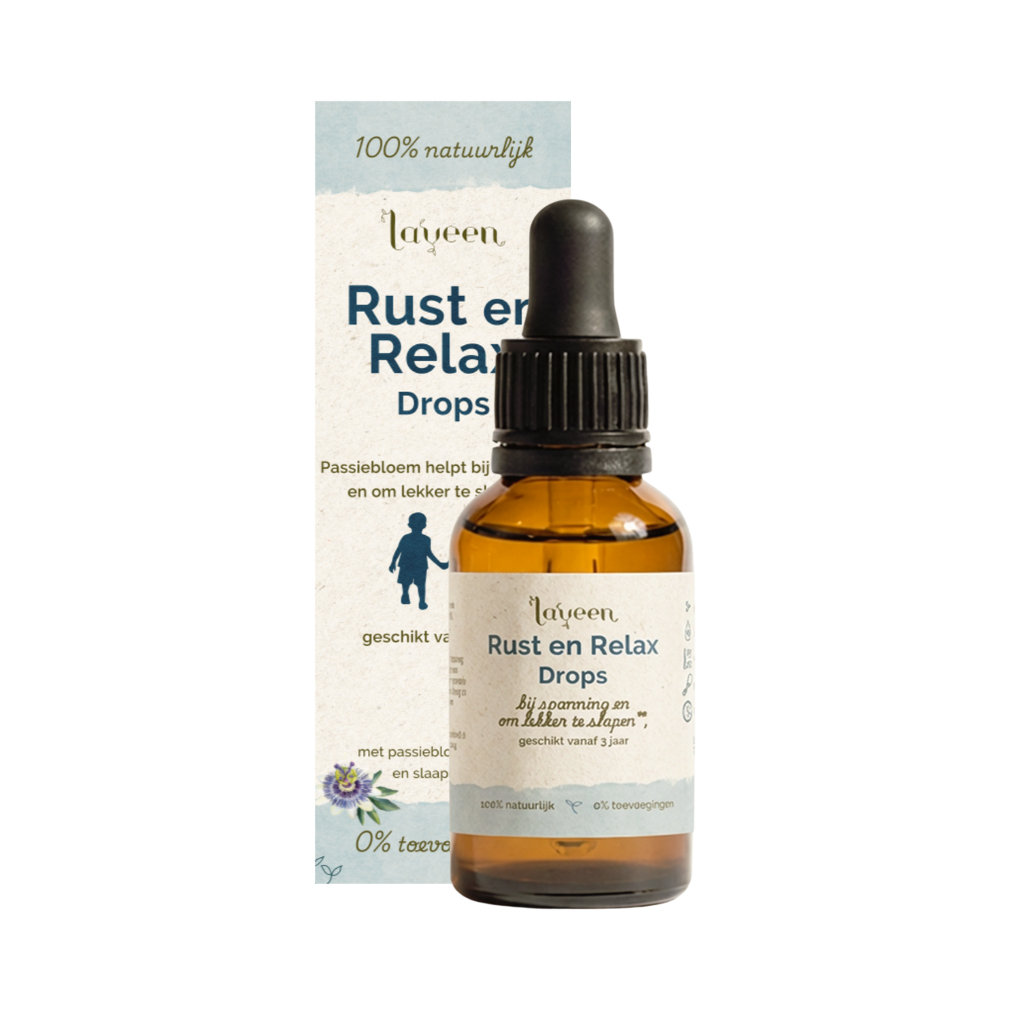 Laveen Rust en Relax Drops met passiebloem in een glazen pipetflesje. Rustgevende druppels zonder alcohol speciaal voor kinderen, geschikt vanaf 3 jaar.