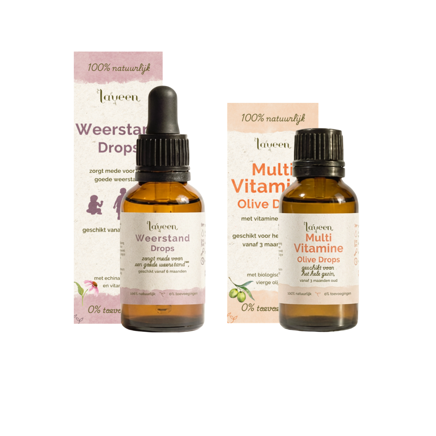 Laveen voordeelbundel Kind Compleet met Weerstand drops in een pipetflesje en Multi Vitamine Olive Drops in een glazen druppelflesje.