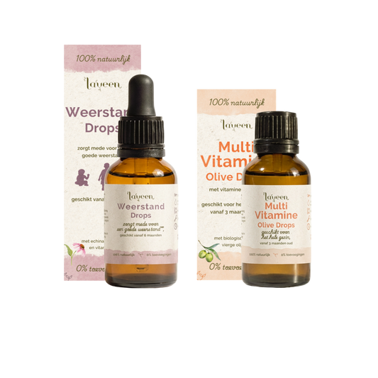 Laveen voordeelbundel Kind Compleet met Weerstand drops in een pipetflesje en Multi Vitamine Olive Drops in een glazen druppelflesje.