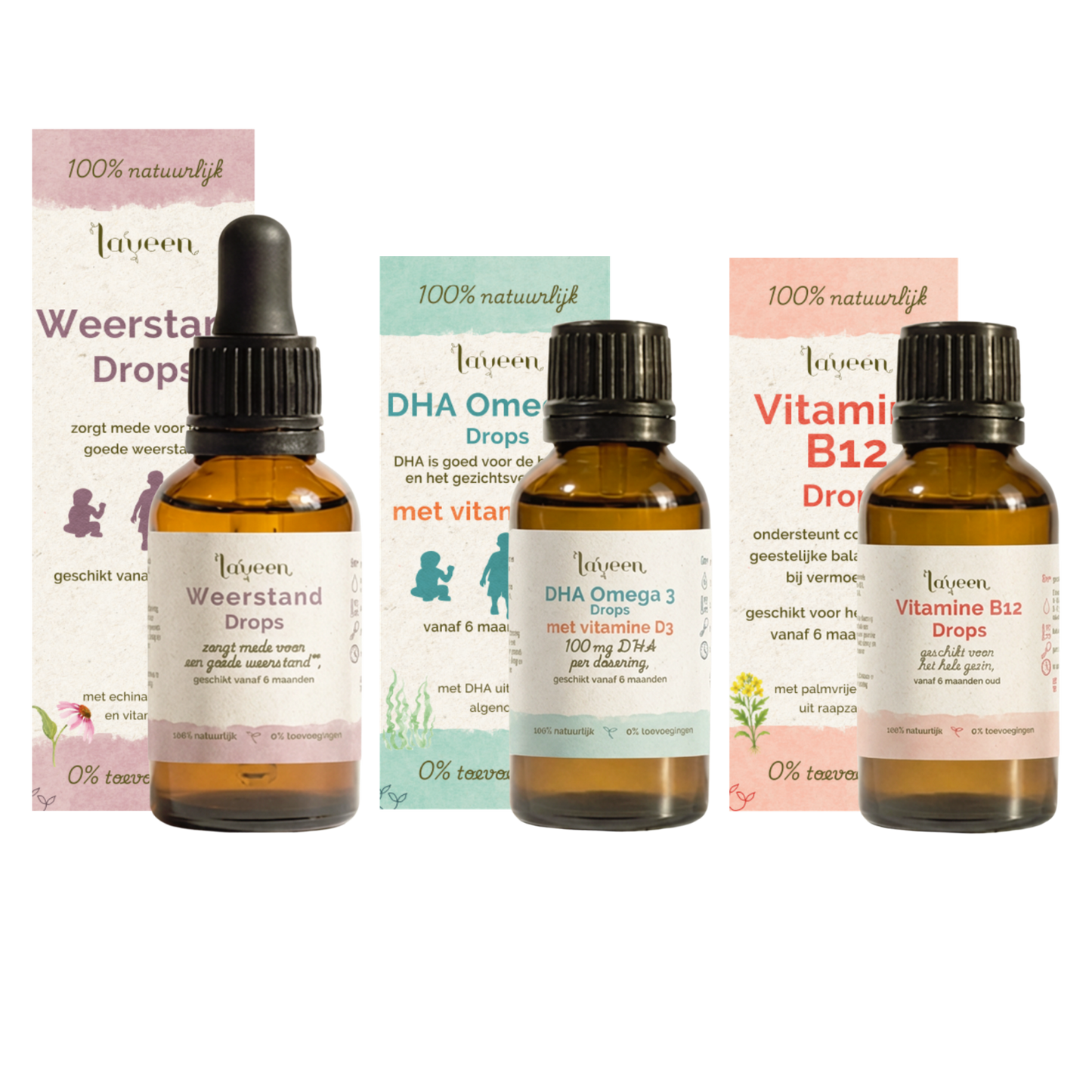 Voordeelbundel Vega Kind Compleet van Laveen. Speciaal voor kinderen die minder of geen vlees of zuivel eten. Met de Weerstand Drops, DHA Omega 3 drops met vitamine D3 en de Vitamine B12 Drops.
