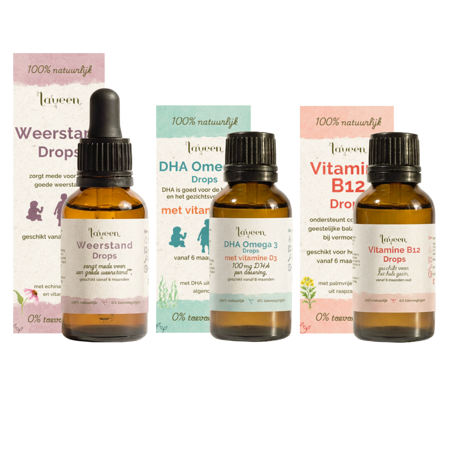 Voordeelbundel Vega Kind Compleet van Laveen. Speciaal voor kinderen die minder of geen vlees of zuivel eten. Met de Weerstand Drops, DHA Omega 3 drops met vitamine D3 en de Vitamine B12 Drops.