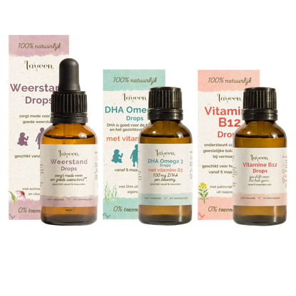 Voordeelbundel Vega Kind Compleet van Laveen. Speciaal voor kinderen die minder of geen vlees of zuivel eten. Met de Weerstand Drops, DHA Omega 3 drops met vitamine D3 en de Vitamine B12 Drops.