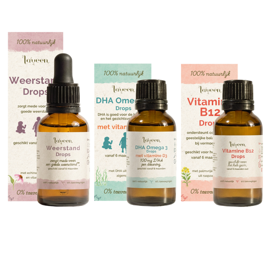 Voordeelbundel Vega Kind Compleet van Laveen. Speciaal voor kinderen die minder of geen vlees of zuivel eten. Met de Weerstand Drops, DHA Omega 3 drops met vitamine D3 en de Vitamine B12 Drops.