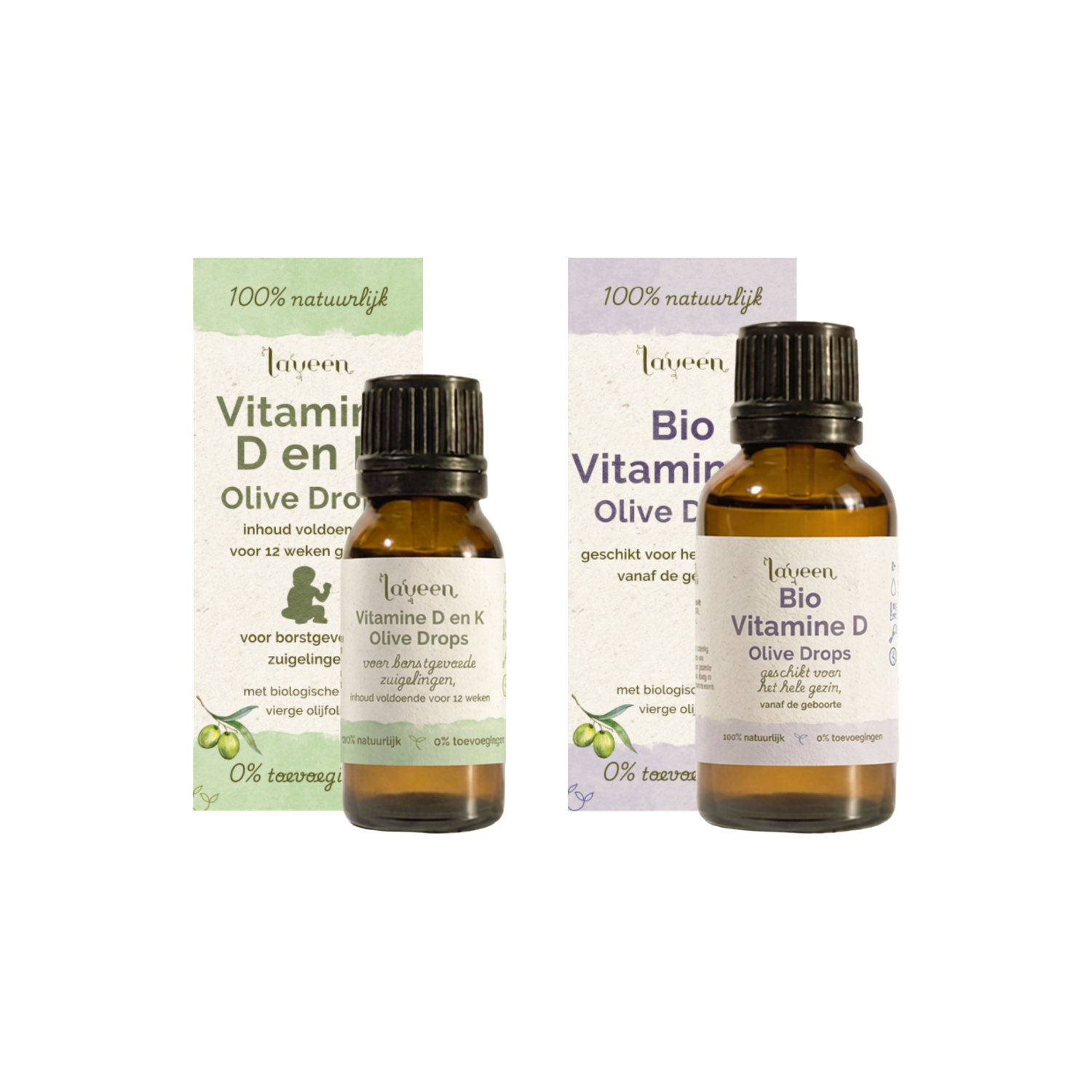 Voordeelbundel baby borstvoeding van Laveen met Vitamine D en K olive drops in een 10ml glazen druppelflesje en Bio vitamine D in een 30ml glazen druppelflesje.