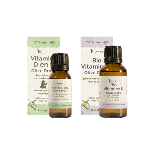 Voordeelbundel baby borstvoeding van Laveen met Vitamine D en K olive drops in een 10ml glazen druppelflesje en Bio vitamine D in een 30ml glazen druppelflesje.
