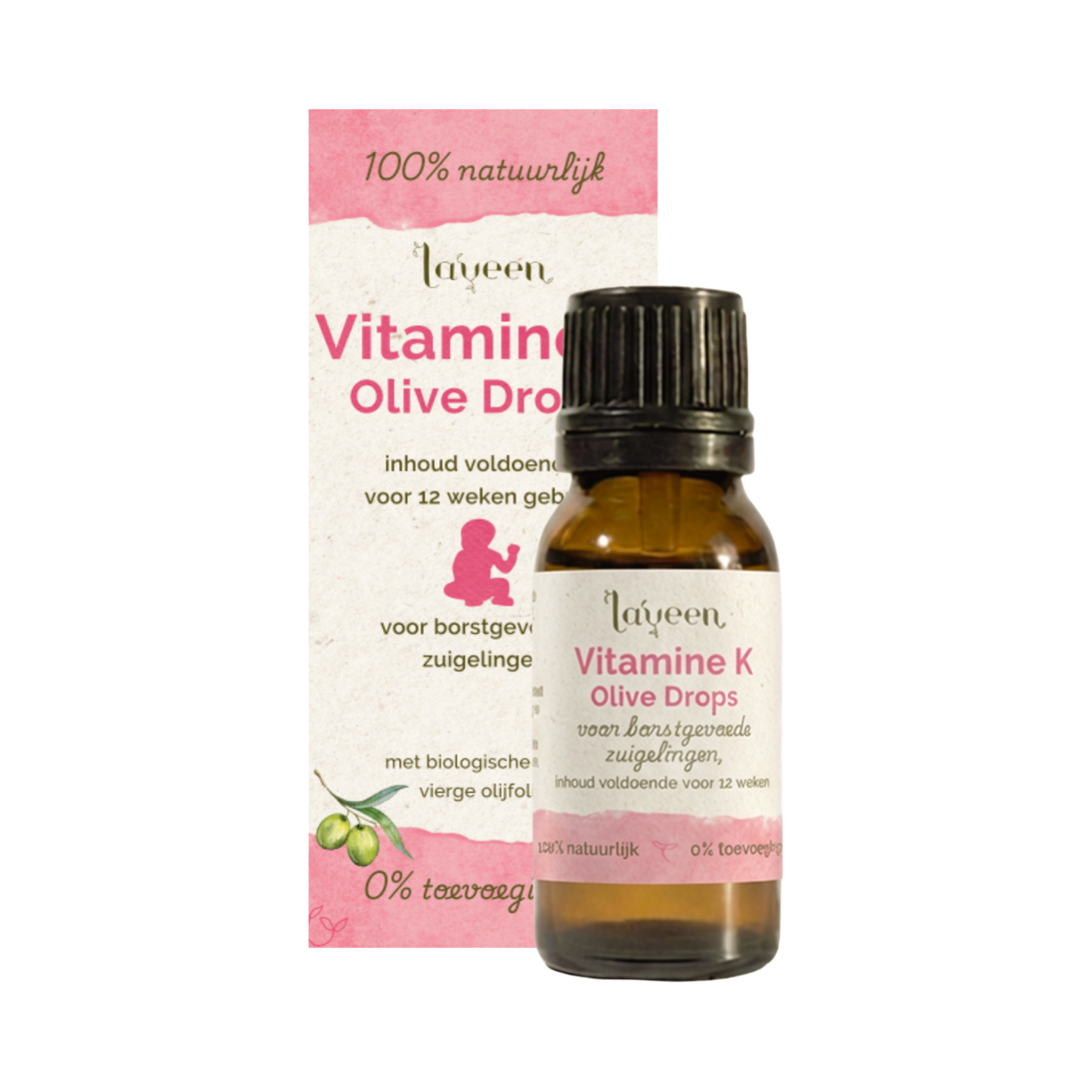 Glazen druppelflesje van Laveen Vitamine K olive drops voor borstgevoede zuigelingen. Inhoud precies voldoende voor 12 weken.