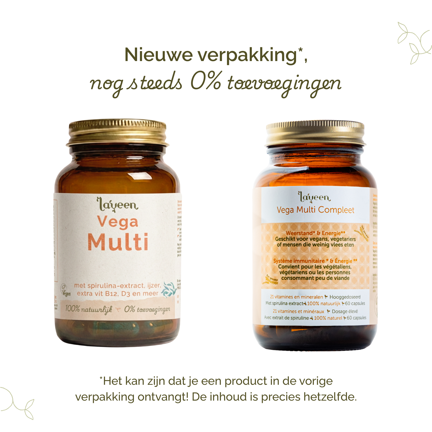 Vergelijking van oude en nieuwe verpakking van Laveen Mama Magnesium Complex supplement; vernieuwd label met nog steeds 0% toevoegingen en dezelfde inhoud.