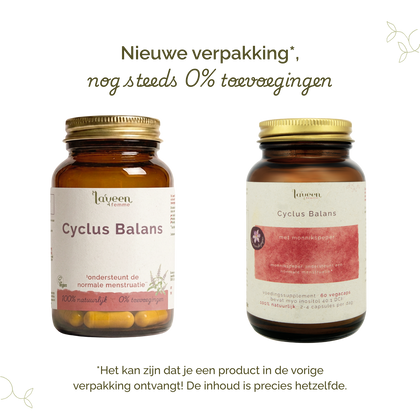 Vergelijking van oude en nieuwe verpakking van Laveen Cyclus Balans supplement; vernieuwd label met nog steeds 0% toevoegingen en dezelfde inhoud.