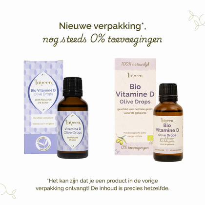 Vergelijking van oude en nieuwe verpakking van Laveen Bio Vitamine D druppels. De verpakking is vernieuwd, maar de inhoud is hetzelfde en bevat nog steeds 0% toevoegingen. Het is mogelijk dat je nog de oude verpakking ontvangt.