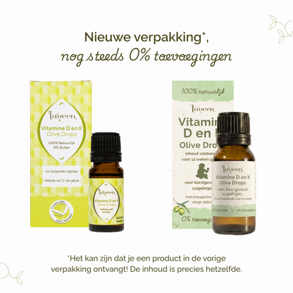 Vergelijking van oude en nieuwe verpakking van Laveen Vitamine D en K olive drops; vernieuwd label met nog steeds 0% toevoegingen en dezelfde inhoud.