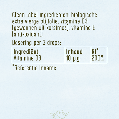 Ingrediënten van Laveen Bio Vitamine D druppels: biologische extra vierge olijfolie, vitamine D3 uit korstmos en vitamine E als antioxidant. Dosering per 3 druppels: 10 microgram vitamine D3 (200% van de referentie-inname).