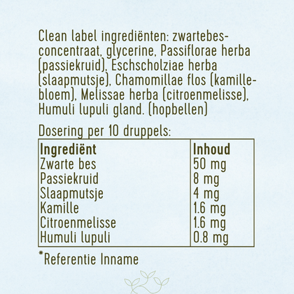 Overzicht van de ingrediënten en dosering van een kruidenformule in druppelvorm. De ingrediënten bestaan uit zwartebesconcentraat, glycerine, passiekruid (Passiflora), slaapmutsje (Eschscholzia), kamillebloem, citroenmelisse en hopbellen.

De dosering per 10 druppels is als volgt: 50 milligram zwarte bes, 8 milligram passiekruid, 4 milligram slaapmutsje, 1,6 milligram kamille, 1,6 milligram citroenmelisse en 0,8 milligram hop