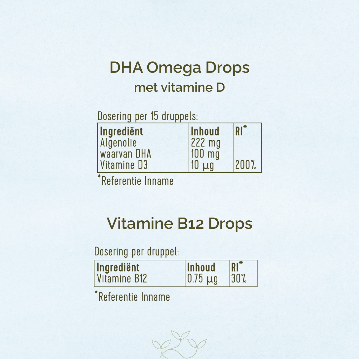 Ingrediëntentabel van de DHA Omega drops met vitamine D en Vitamine B12 Drops.