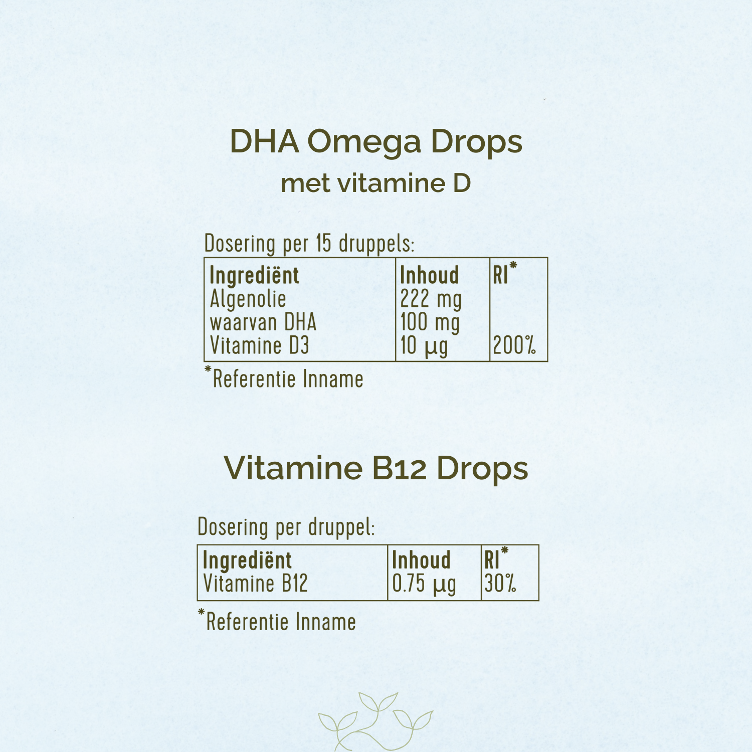 Ingrediëntentabel van de DHA Omega drops met vitamine D en Vitamine B12 Drops.