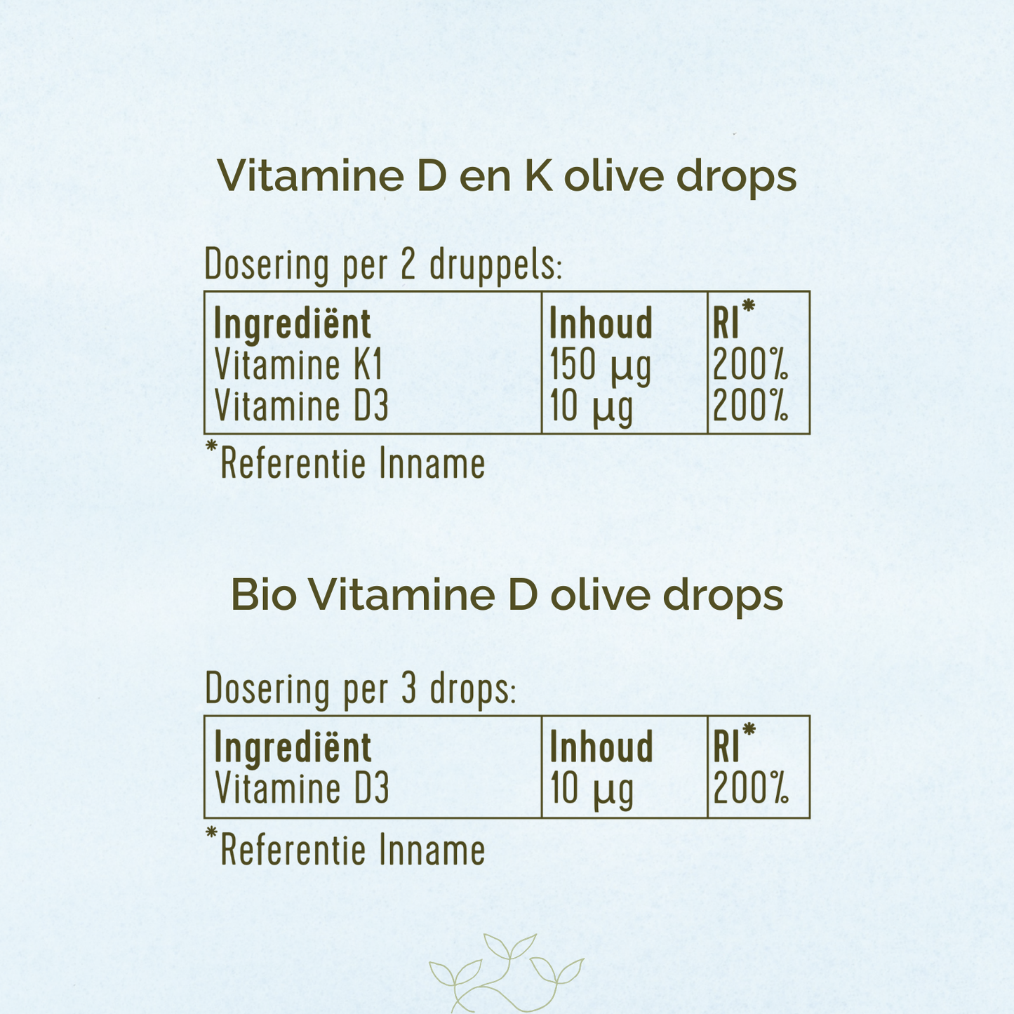 Ingrediëntentabel vitamine D en K olive drops. Vitamine K1 150µg. Vitamine D3 10µg. Ingrediëntentabel Bio Vitamine D olive drops. Vitamine D3 10µg.