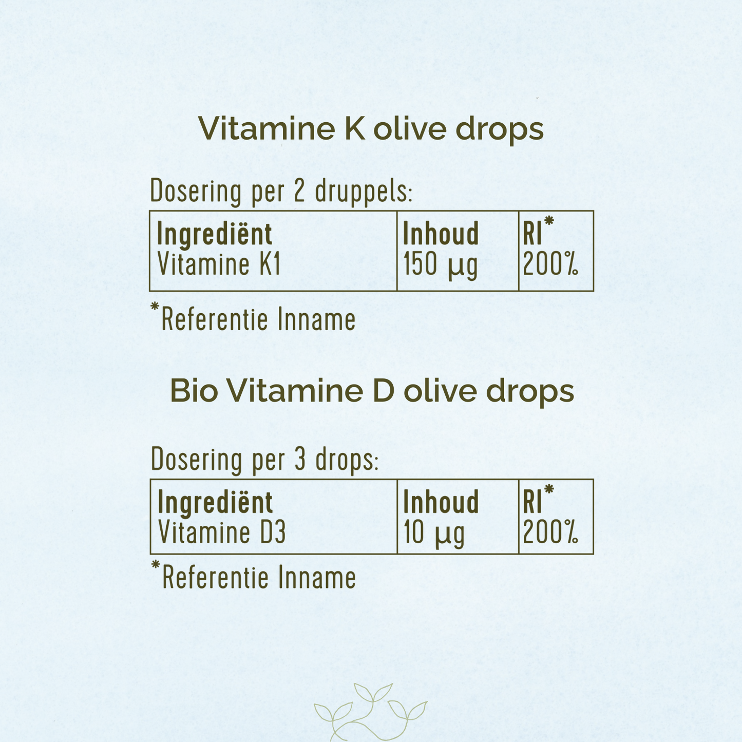 Ingrediëntentabel vitamine K olive drops: Vitamine K1 150µg. Ingrediëntentabel Bio Vitamine D olive drops: Vitamine D3 10µg.