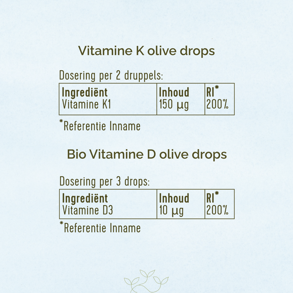 Ingrediëntentabel vitamine K olive drops: Vitamine K1 150µg. Ingrediëntentabel Bio Vitamine D olive drops: Vitamine D3 10µg.