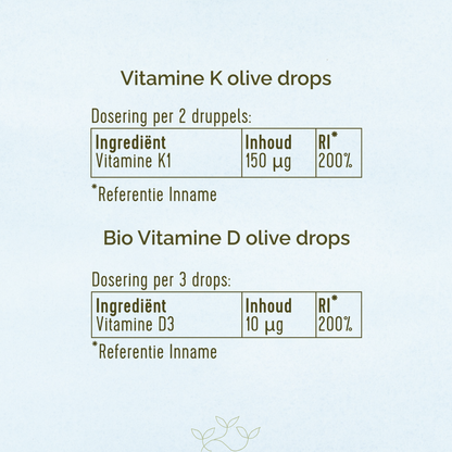 Ingrediëntentabel vitamine K olive drops: Vitamine K1 150µg. Ingrediëntentabel Bio Vitamine D olive drops: Vitamine D3 10µg.